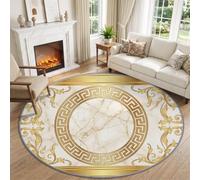 Round Rug Living Room Luxury Marble, Soft Washable Non Slip Carpet, 200 cm | Classic Marble Gold Gr reek Key Circle Carpet, Low Pile Stain Resistant Cream White Rug for Bedroom Kitchen Office Dorm