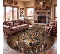 Round Rug Living Room Vintage Ethnic, Soft Washable Non Slip Carpet, 100 cm | Mystic Boho Dreamcatcher Wolf Feather Circle Carpet, Low Pile Stain Resistant Earth Brown Rug for Bedroom Kitchen Office Dorm
