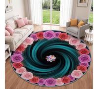 Round Rug Modern Abstract Floral Large Nursery Carpet 100 cm | Living Room Washable Turquoise Fluid Pink Roses Circle Rugs Non Slip Soft Low Pile Carpet for Kids Room Kitchen
