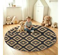 Round Rug Modern Abstract, Soft Washable Non-Slip Circle Carpet - Brown Geometric Check Block Floor Mat for Kids, Boys and Girls Bedroom, Playroom, Living Room - 100 cm