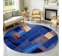 Round Rug Modern Geometric Area Rugs Living Room Washable Non-Slip 60 cm | Low-Pile Non-Shedding Soft Circular Carpet Bedroom Mat, Floor Protectors Under Dining Table, Squares Luxury Texture Blue