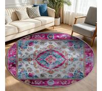 Round Rug Traditional Vintage 100 cm Washable Non-Slip Hallway Carpet Pink | Anti-skid Base Low Profile, Soft Feel, Durable, Floral, Living Room Bedroom Floor