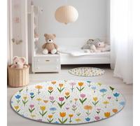 Round Rug Tulip Pattern Washable Non-Slip Area Rug for Living Room, Playful Cute Style Large Circle Carpet Diameter 150 cm, Soft White Accent Mat for Bedroom Nursery Home Décor Floor Protection