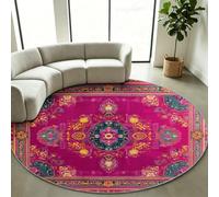 Round Rug Vintage 100 cm Washable Low Pile Small Circle Carpet | Traditional Pattern - Soft Non Slip, Non-Shedding Indoor Area Rug for Bedroom, Entryway, Living Room, Pet Friendly - Pink