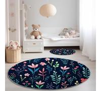 Round Rug Wildflower Motif Washable Non-Slip Area Rug for Living Room, Minimalist Hand-Drawn Style Large Circle Carpet Diameter 120 cm, Soft Dark Blue Accent Mat for Bedroom Nursery Home Décor