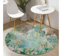 Round Rugs 100 cm for Living Room, Pastel Painting Enchanted Forest Animals Theme Machine Washable Non Slip Area Rugs for Bedroom Kids Room Decor, Soft Short Pile Circle Carpet, Green