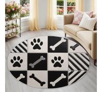 Round Rugs 100 cm for Living Room, Simple Checkered Striped Animal Dog Paw Prints Non Slip Washable Indoor Circular Carpet for Bedroom Nursery, Black Soft Indoor Short Pile Circle Hallway Rug