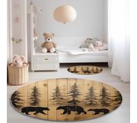 Round Rugs 100cm - Durable Machine Washable Non Slip Circle Carpet, Low-Pile Retro Distressed Bear Tree Line Art Printed Pattern Rug for Living Room Bedroom Nursery, Beige Brown