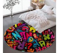 Round Rugs 120 cm, Area Rugs For Living Room Fashion Graffiti Art Letters Rug Non Slip - Washable Indoor Colorful Circular Carpet For Kids Room Bedroom Entryway Bedside Decor