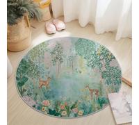 Round Rugs 120 cm for Living Room, Pastel Painting Enchanted Forest Animals Theme Machine Washable Non Slip Area Rugs for Bedroom Kids Room Decor, Soft Short Pile Circle Carpet, Green