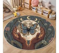 Round Rugs 120Cm Circle Washable Area Rugs For Living Room Hands Holding The Moon Butterflies Soft Low-Pile Carpets With Non-Slip Backing Bohemian Style Carpet For Kid’S Bedroom Nursery,Light Green