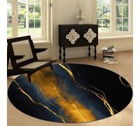 Round Rugs 150 cm, Area Rugs for Living Room Black And Gold Marble Stripes Pattern Short Pile Carpet Non Slip Washable Circle Realism Carpet for Kids Room Bathroom Bedroom Bedside