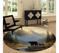 Round Rugs 150 cm, Area Rugs for Living Room Forest Waterfall Animal Bear Pattern Short Pile Carpet Non Slip Washable Circle Nature Landscape Carpet for Kids Room Bathroom Bedroom Bedside