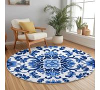 Round Rugs 150 Cm Blue Living Room Non Slip Round Area Rug Blue And White Porcelain Flowers Traditional Short Pile Modern Bedroom Circle Carpet Washable Soft For Kids Room Dining Room Decor