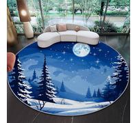 Round Rugs 180 cm, Dark Blue Circle Area Rugs with Non Slip Backing Washable Rug for Bedroom, Soft Elegant Forest Night Scene Pine Trees Lush Stars Printed Carpet for Living Room Kids Room Nursery