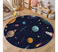 Round Rugs 180Cm Circle Washable Area Rugs For Living Room Planet Rocket Pattern Soft Low-Pile Carpets With Non-Slip Backing Cartoon Space Background Carpet For Kid’S Bedroom Nursery,Dark Blue