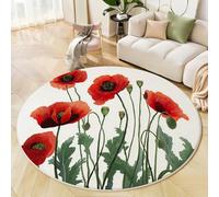 Round Rugs 200 Cm, Red Poppy Flowers Rugs, Machine Washable Non-Slip Carpet, Low Pile Non-Shedding Simple Flowers Carpet, Suitable For Dining Room, Bedroom, Office, Children'S Room