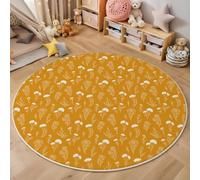 Round Rugs 200Cm Circle Washable Area Rugs For Living Room White Flower And Leaf Pattern Soft Low-Pile Carpets With Non-Slip Backing Simple Line Drawing Carpet For Kid’S Bedroom Nursery,Mustard Yellow
