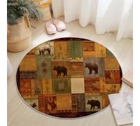 Round Rugs 60 Cm Brown Living Room Non Slip Round Area Rug Retro Collage Bear Forest Elements Short Pile Bedroom Circle Carpet Washable Soft Faux Wool Rugs For Kids Room Dining Room
