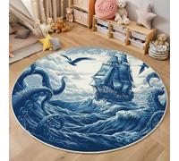Round Rugs 60Cm Circle Washable Area Rugs For Living Room Octopus Tentacles Sailing Shipsoft Low-Pile Carpets With Non-Slip Backing Retro Sculpted Stylecarpet For Kid’S Bedroom Nursery,Dark Blue