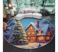 Round Rugs 80 cm, Beige Brown Circle Area Rugs with Non Slip Backing Washable Rug for Bedroom, Soft Cartoon Christmas Cottage Winter Landscape Printed Carpet for Living Room Kids Room Nursery