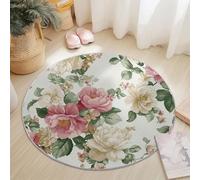 Round Rugs 90 cm for Living Room, Retro Chic Flowers Roses Theme Machine Washable Non Slip Area Rugs for Bedroom Kids Room Decor, Soft Short Pile Circle Carpet, Cream
