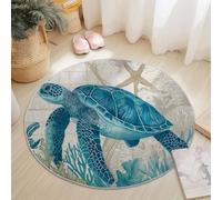 Round Rugs 90 cm for Living Room, Vintage Marine Life Turtles Theme Machine Washable Non Slip Area Rugs for Bedroom Kids Room Decor, Soft Short Pile Circle Carpet, Blue