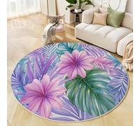 Round Rugs 90cm Circle Washable Area Rugs for Living Room Pink Flowers Palm Leaf Design Soft Low-Pile Carpets with Non-Slip Backing Tropical Plant Illustrations Carpet for Kid’s Bedroom Nursery,Pink