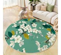 Round Rugs 90Cm Circle Washable Area Rugs For Living Room White Cherry Blossom Soft Low Pile Carpets Non-Slip Backing Plant Leaf Theme Carpet For Kid Bedroommint Green