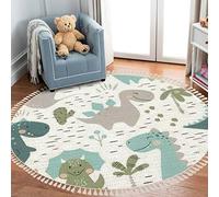 Round Rugs Dinosaur Baby boy Childish Sweet Dino with Palm & Cactus Boho Area Rug Linen & Cotton Carpet Meditation Rug Washable Hallway Runner Mat Accent Rug for Bedroom Bathroom 3ft, Multicolor