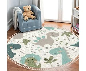 Round Rugs Dinosaur Baby boy Childish Sweet Dino with Palm & Cactus Boho Area Rug Linen & Cotton Carpet Meditation Rug Washable Hallway Runner Mat Accent Rug for Bedroom Bathroom 3ft, Multicolor