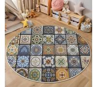 Round Rugs for 160cm, Tiles Patterns Geometric Shapes Printed Washable Colorful Circle Area Rugs, Non Slip Non Shedding Soft Low Pile European Retro Style Round Carpet for Kitchen Dining Room