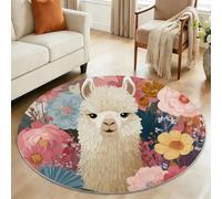 Round Rugs for Girls Boys 120 cm - Soft Fluffy Carpet Mat for Bedroom Circle Area Rug, Cartoon Alpaca Floral Bloom Animal Home Floor Rug for Children'S Room Play Corner, Pink