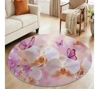 Round Rugs for Girls Boys 150 cm - Soft Fluffy Carpet Mat for Bedroom Circle Area Rug, Dreamy Botanical Butterfly Floral Garden Home Floor Rug for Master Bedroom Bathroom Beauty Room, Light Purple