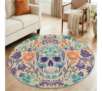 Round Rugs for Girls Boys 150 cm - Soft Fluffy Carpet Mat for Bedroom Circle Area Rug, Traditional Boho Floral Sugar Skull Home Floor Rug for Personalized Entryway Art Studio, Cream