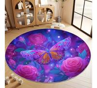 Round Rugs for Girls Boys 80 cm - Soft Fluffy Carpet Mat for Bedroom Circle Area Rug, Fantasy Animals Butterfly Rose Floral Home Floor Rug for Living Room Nursery Playroom, Peach Pink