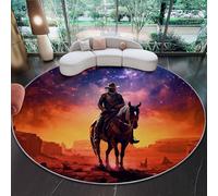 Round Rugs for Living Room 100 cm (Round) Fluffy Soft Carpet Cowboys Horses And Desert Luxury Crawling Rug Machine Washable Indoor Circle Floor Mat for Bedroom Bathroom Hallway Orange Purple