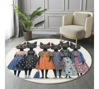 Round Rugs For Living Room 100Cm,Brownish Blue Fashion Cat Washable Circle Area Rugs For Bedroom,Non Slip Soft Low Pile Watercolor Animals Circular Carpet For Kids Room Kitchen Office Dining Room