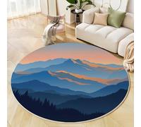 Round Rugs for Living Room 100cm, Mountains Forests Printed, Simple Natural Scenery Round Area Rug, Washable Non Slip Blue Circle Carpet for Dining Room Kids Room Hallway