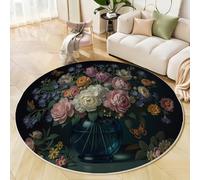 Round Rugs For Living Room 100Cm,Vase Flowers Pattern Circle Rug Machine Washable Classical Still Life Carpet Floor Rugs Non Slip Soft Carpet Rug For Bedroom Kitchen Home Decor,Pinkish White