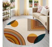 Round Rugs for Living Room, 120 cm Non Slip Washable Circle Rug for Bedroom, Vintage Boho Stain Resistant Nursery Soft Low Pile Carpet for Dorm Design Studio, Orange Green Arches Circles Stripes