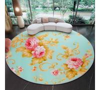 Round Rugs for Living Room 120 cm, Romance Flowers Rococo Style Theme, Light turquoise Washable Circle Rugs, Bedroom Short Pile Anti Slip Carpet for Dining Room Kids Room Hallway
