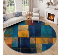 Round Rugs for Living Room 150 cm, Modern Geometry Washable Circle Rugs for Bedroom, Non Slip Soft Short Pile Area Rug, Lightweight Resistant Abstract Color Block Splicing Rugs, Lake Blue