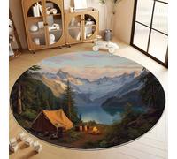 Round Rugs for Living Room 150 cm, Soft Washable Non Slip Mountains Forests Architecture Oil Painting Area Rug - Circular Blue-Gray Floor Carpet for Bedroom Dining Room Lounge Dorm Entryway