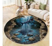 Round Rugs for Living Room 150cm, Soft Fluffy Low Pile 3D Ocean Style Circle Area Rugs, Non Shedding Washable Shark Breaking Through The Wall Printed Floor Rug, for Bedroom Bedside Blue Carpet