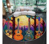 Round Rugs for Living Room 160 cm, Abstract Mosaic Guitar Tree Musical Elements Printed Washable Area Rugs, Non Slip Non Shedding, Colorful Soft Low Pile Round Carpet for Kitchen Dining Room Kids Room