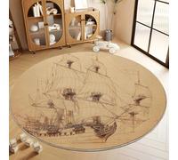 Round Rugs for Living Room 160 cm, Hand-Painted Minimalist Nautical Ship Washable Circle Area Rugs - Non Slip Soft Low Pile Light Brown Circular Carpet for Kids Room Kitchen Office Dining
