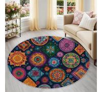 Round Rugs for Living Room, 160 cm Non Slip Washable Circle Rug for Bedroom Dining Room, Ethnic Boho Nursery Soft Low Pile Carpet for Dorm Yoga Studio, Multicolour Flowers Stars Geometric