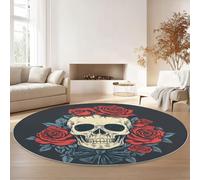 Round Rugs for Living Room 180 cm, Vintage Gothic Skull Rose Soft Carpet Anti-Skid Large Luxury Crawling, Rug Machine Washable Indoor Circle Floor Mat for Bedroom Bathroom Hallway Home Decor, Grey