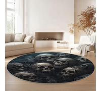 Round Rugs for Living Room 180 cm, Vintage Gothic Skull Rose Soft Carpet Anti-Skid Large Luxury Crawling, Rug Machine Washable Indoor Circle Floor Mat for Bedroom Bathroom Hallway Home Decor, Grey